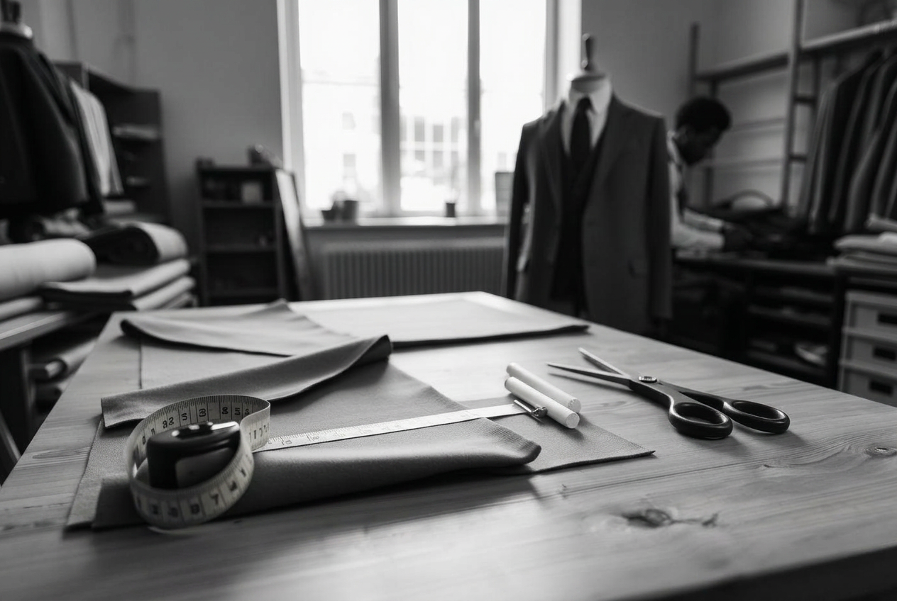 Tailoring atelier with cloth, tape measure and shears